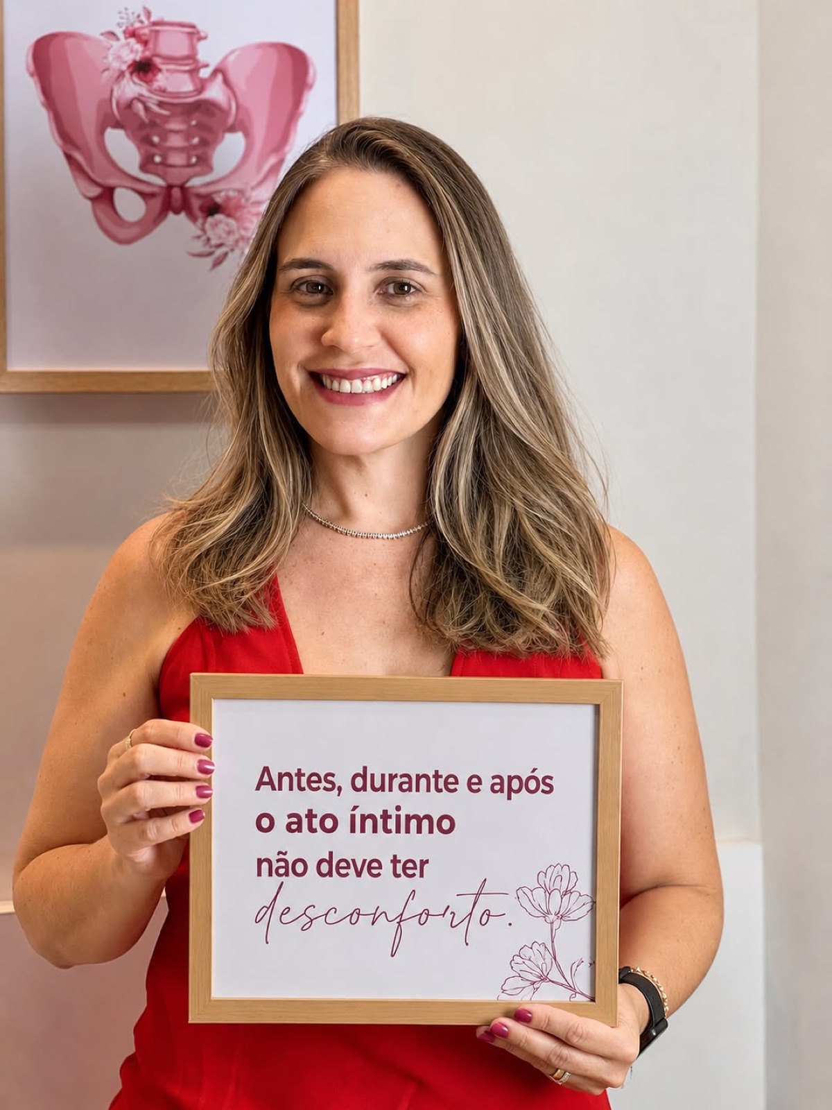 Thais Carvalho em seu consultório, segurando um quadro com a mensagem: antes, durante e após o ato íntimo não deve ter desconforto